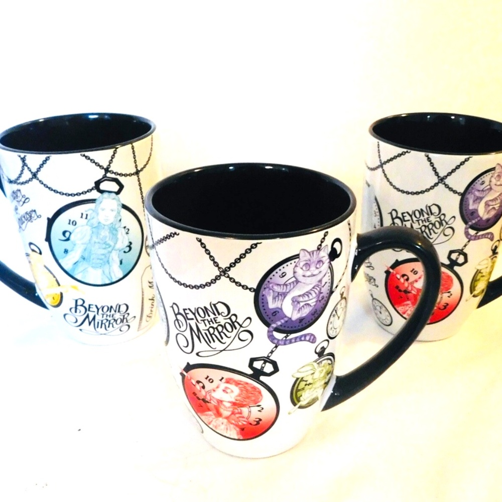 THREE Disney Alice in Wonderland Beyond the Mirror Mugs, Cups Curiouser Set of 3